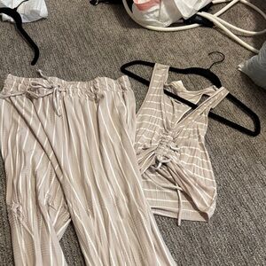 Striped Beige Drawstring Lounge Pants & Tank Set